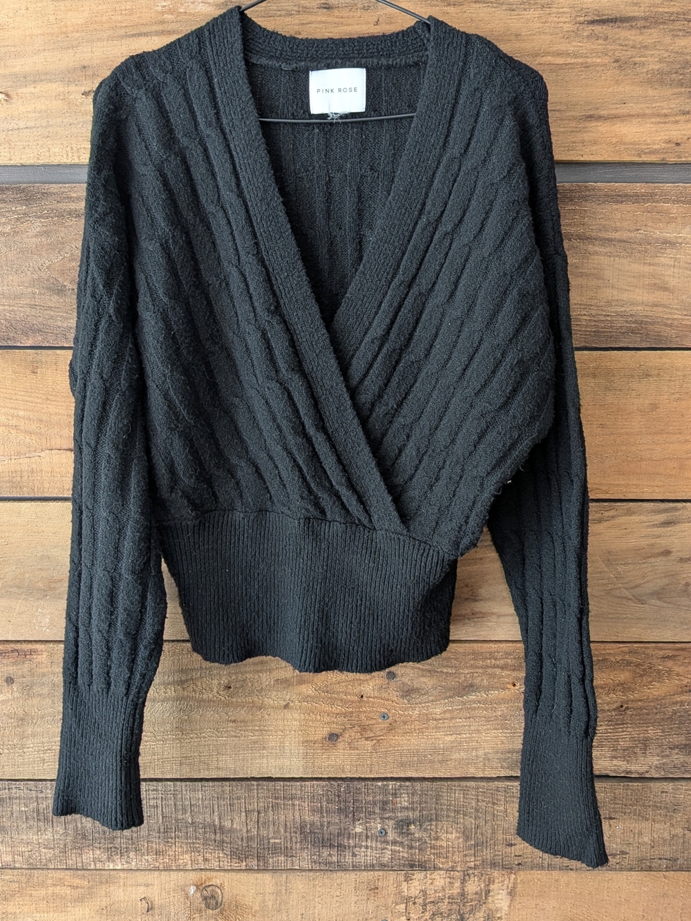 Pink Rose Black Cable-Textured V-Neck Wrap Sweater Medium